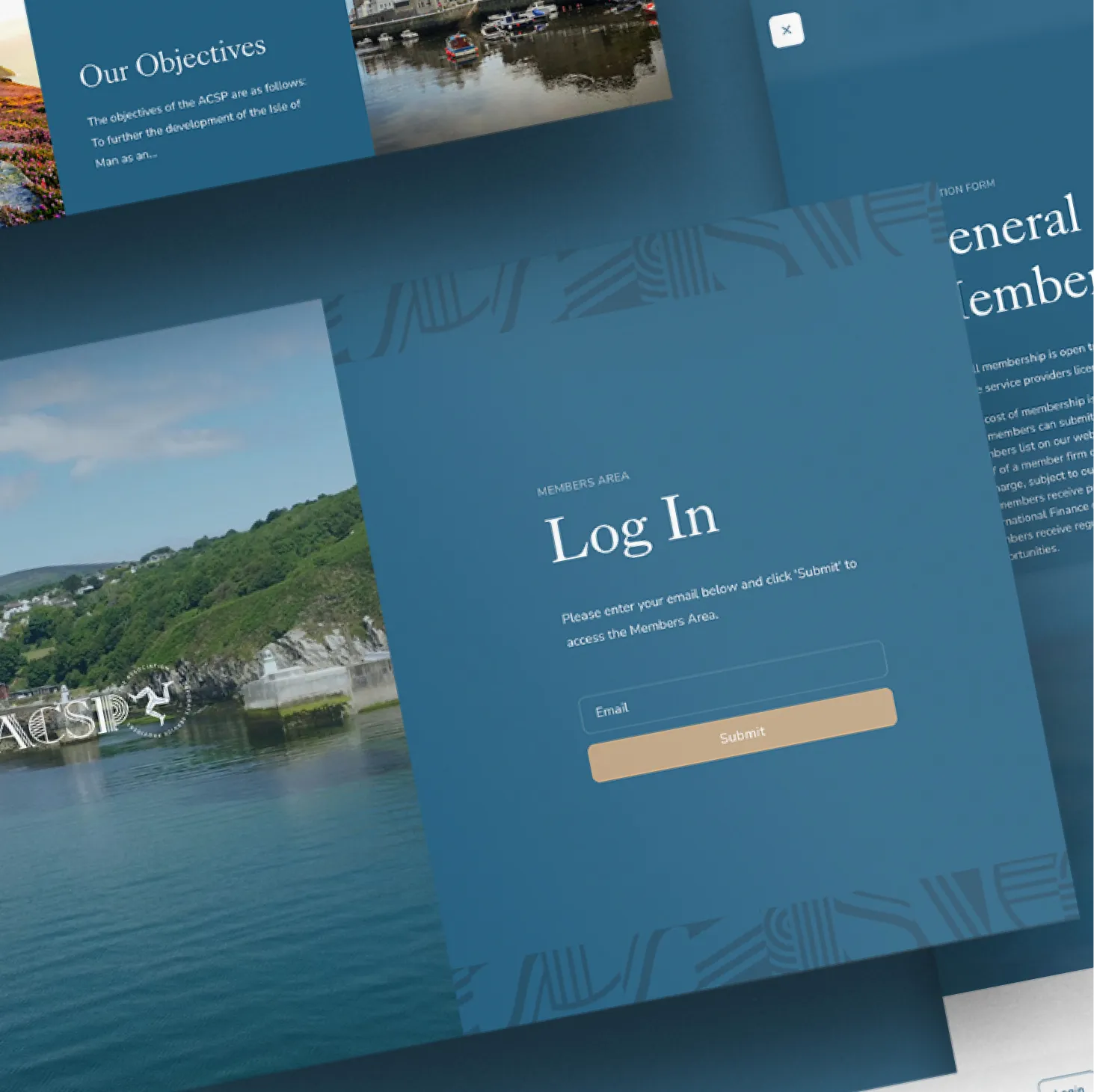 ACSP website pages displayed across overlapping screens, designed and developed by DotPerformance, showing the members area login page and general membership sections